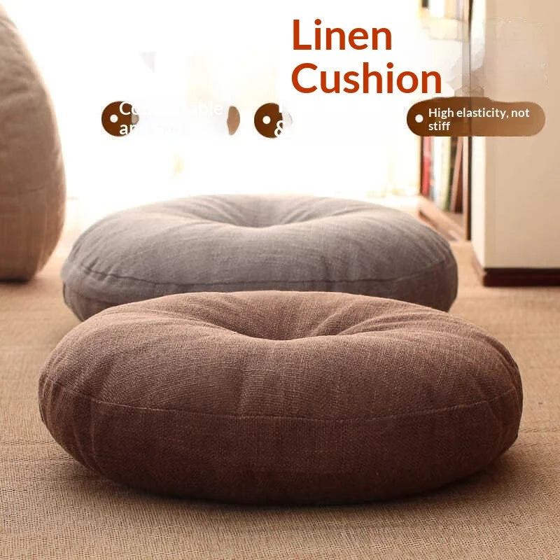 Large Linen Zafu Meditation Cushion for Bay Window Yoga Floor, Thick Round Puah Pad for Balcony Tatami Kneeling Mat for Adults