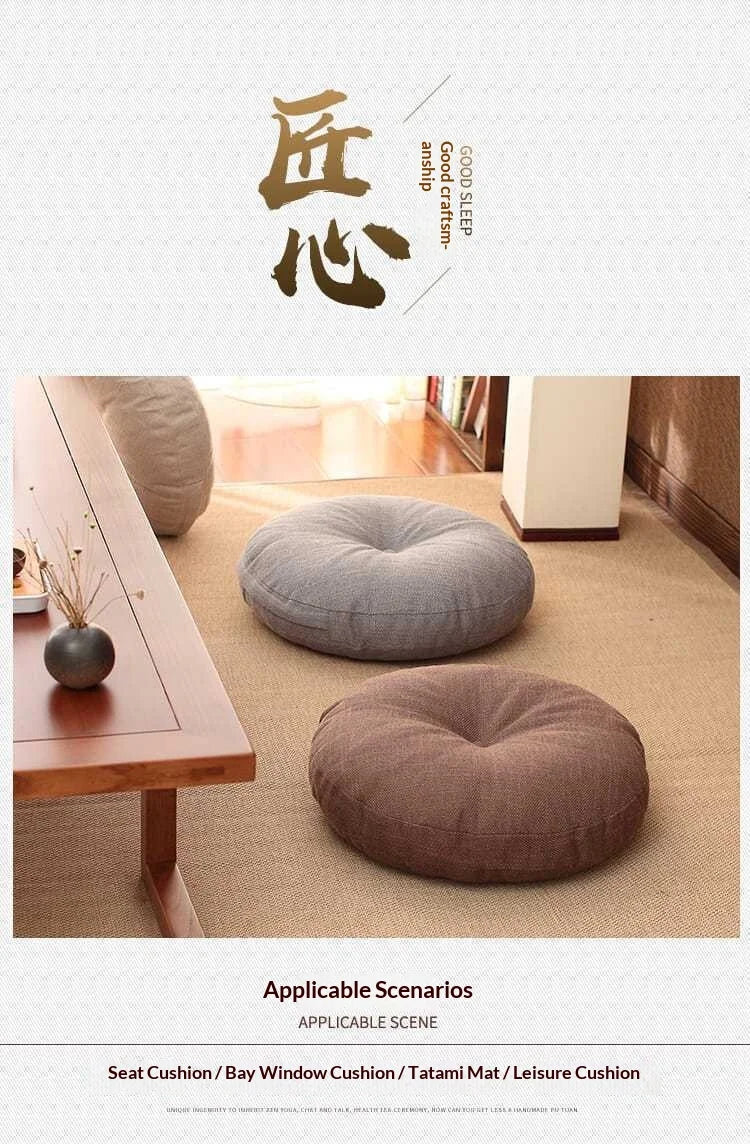 Large Linen Zafu Meditation Cushion for Bay Window Yoga Floor, Thick Round Puah Pad for Balcony Tatami Kneeling Mat for Adults