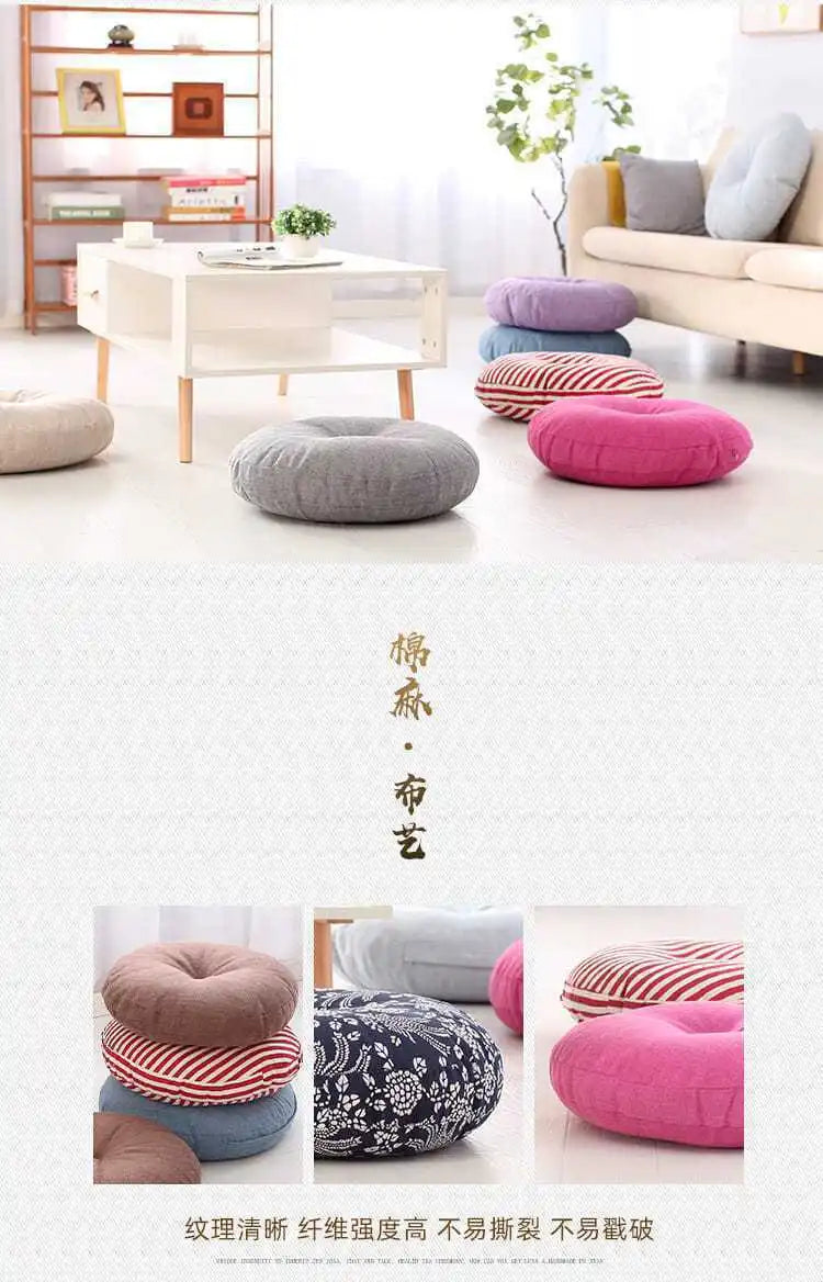 Large Linen Zafu Meditation Cushion for Bay Window Yoga Floor, Thick Round Puah Pad for Balcony Tatami Kneeling Mat for Adults