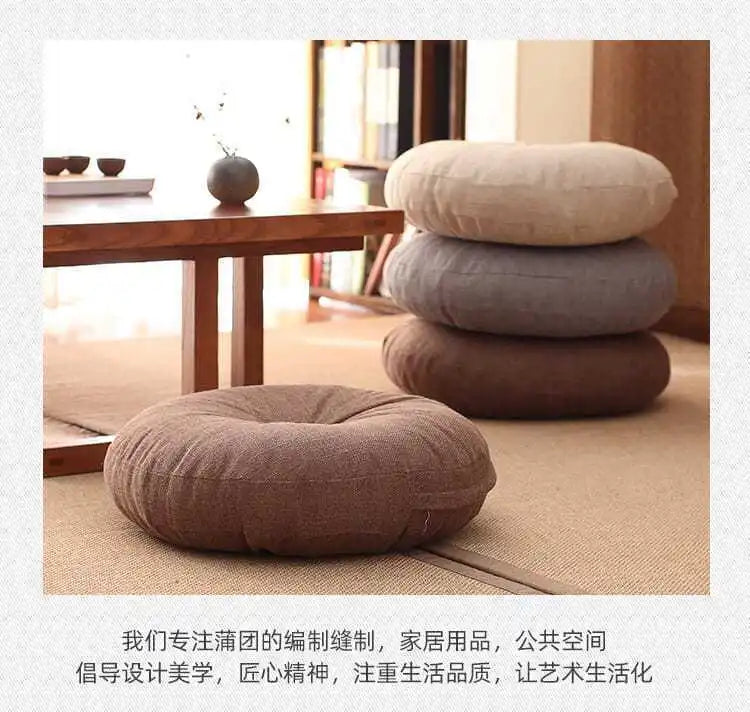 Large Linen Zafu Meditation Cushion for Bay Window Yoga Floor, Thick Round Puah Pad for Balcony Tatami Kneeling Mat for Adults