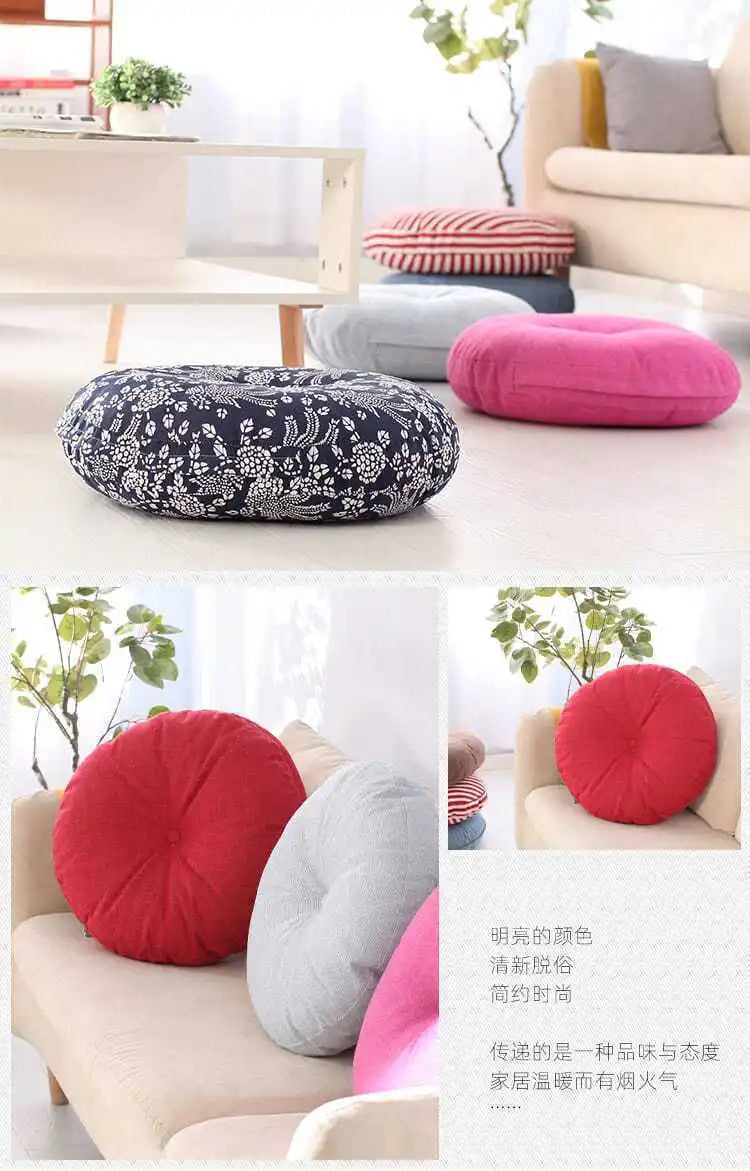 Large Linen Zafu Meditation Cushion for Bay Window Yoga Floor, Thick Round Puah Pad for Balcony Tatami Kneeling Mat for Adults