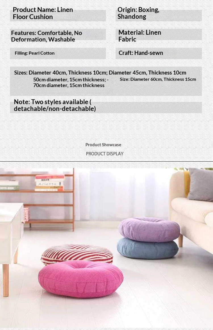 Large Linen Zafu Meditation Cushion for Bay Window Yoga Floor, Thick Round Puah Pad for Balcony Tatami Kneeling Mat for Adults