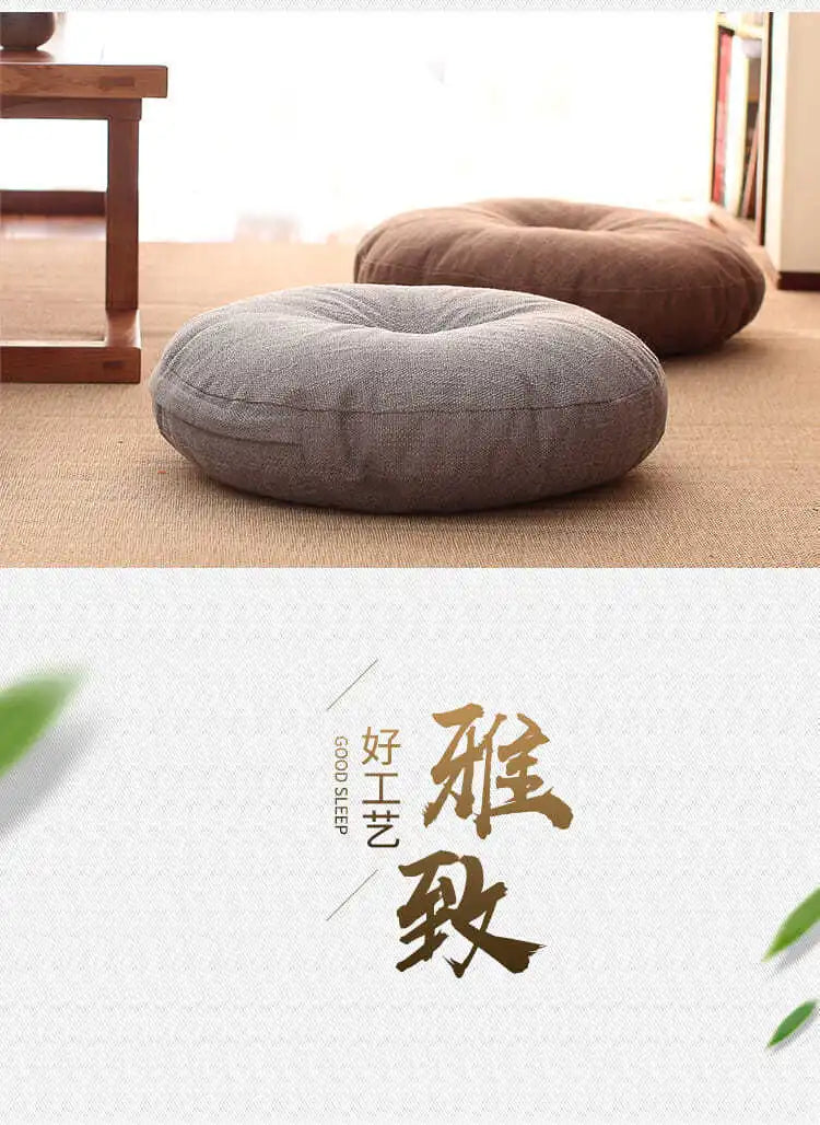 Large Linen Zafu Meditation Cushion for Bay Window Yoga Floor, Thick Round Puah Pad for Balcony Tatami Kneeling Mat for Adults