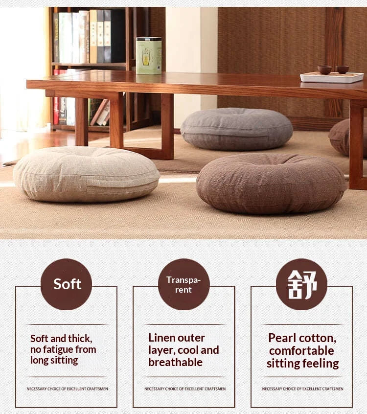 Large Linen Zafu Meditation Cushion for Bay Window Yoga Floor, Thick Round Puah Pad for Balcony Tatami Kneeling Mat for Adults