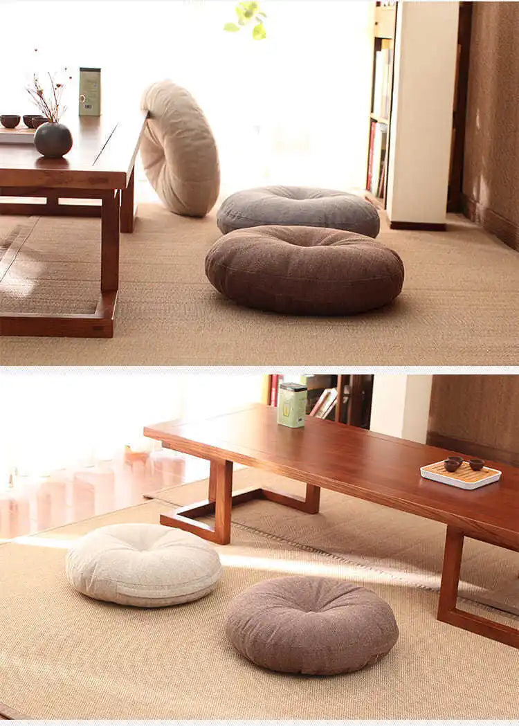 Large Linen Zafu Meditation Cushion for Bay Window Yoga Floor, Thick Round Puah Pad for Balcony Tatami Kneeling Mat for Adults