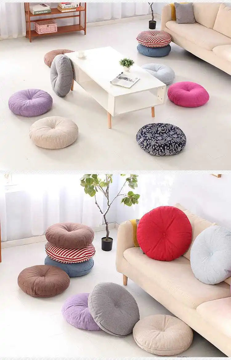 Large Linen Zafu Meditation Cushion for Bay Window Yoga Floor, Thick Round Puah Pad for Balcony Tatami Kneeling Mat for Adults